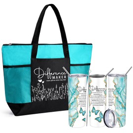 Buryeah 2 Pcs Difference Maker Teacher Appreciation Gifts 20 oz Marble Sign Tumbler Thank You Tote Bag Gift for Women Men Nurse Employee Coworker Retirement Graduation CNA Gift(Lake Blue)