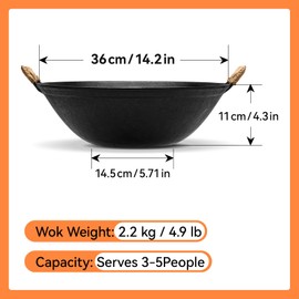 WANGYUANJI Traditional 14.2" Iron Wok – Versatile Stir-Fry Pan with Dual Handles, Wooden Lid & Stainless Steel Spatula
