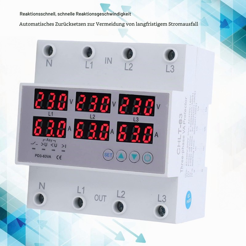 AC230-300V 3 Phase DIN Rails Voltmeter Ammeter Adjustable Surge and