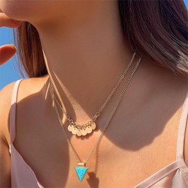 Boho Multilayer Sequin Chain Sequin Pendant Necklace Gold Sequins Choker Square Turquoise Necklace Thin Chain Sequin Tassel Necklace Multilayer Necklace for Women and Girls, Zinc