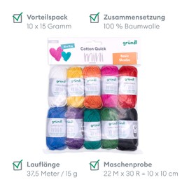 Gründl Wool Cotton Quick Mini Basic Shades Set for Knitting and Crocheting, 10 x 15 g, 100% Cotton, 15 g/37 m, Multi-Coloured
