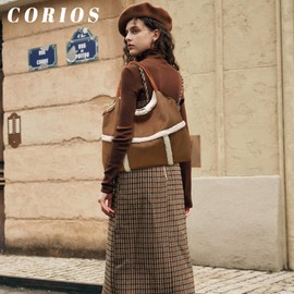 CORIOS Women Suede Tote Bag Shoulder Bag with Lamb Wool Vintage Crossbody Bag Large Handbag Lightweight Messenger Bag Soft Plush Top Handle Bag Satchel Bag with Coin Purse 2pcs Set Brown