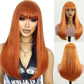 Creamily Long Orange Straight Hair Wigs 22" Straight with Flat Bangs Synthetic Colorful Cosplay Daily Party Wig for Women Natural As Real Hair+Wig Cap (Orange)