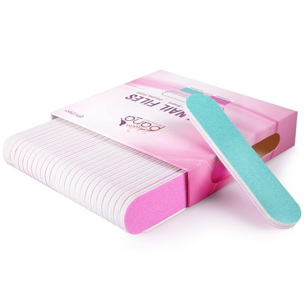 25pcs - PANA Mini Double-Sided Emery Nail File for Manicure, Pedicure, Natural, and Acrylic Nails - Pink/Teal (Grit 100/100)