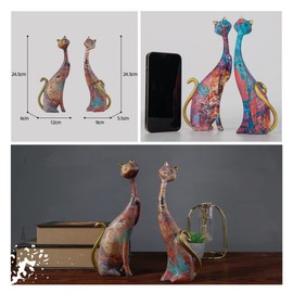 masteymoh Art Resin Sculpture Statue Cats 2 Pieces Two Oil Painting Cat Sculptures for Home Office Hotel Bookshelf Desktop Decoration 28 cm High