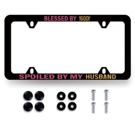 Blessed by God Spoiled by My Husband License Plate Frame Funny License Plate Holder Stainless Steel Rust-Proof Auto Parts Personalise License Plate Decoration with Screws 12.3" x 6.3" Men Women