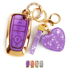 Nomiyo Key Fob Cover with Diamond Bling Keychain for Women, Compatible with Ford Fusion Escape Expedition Explorer Edge F150 F250 F350 etc, TPU Key Case and Elegant Heart Key Chain (Purple, 1PCS)