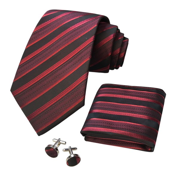 CANGRON Men Tie Red Burgundy Black Stripes Necktie Pocket Square