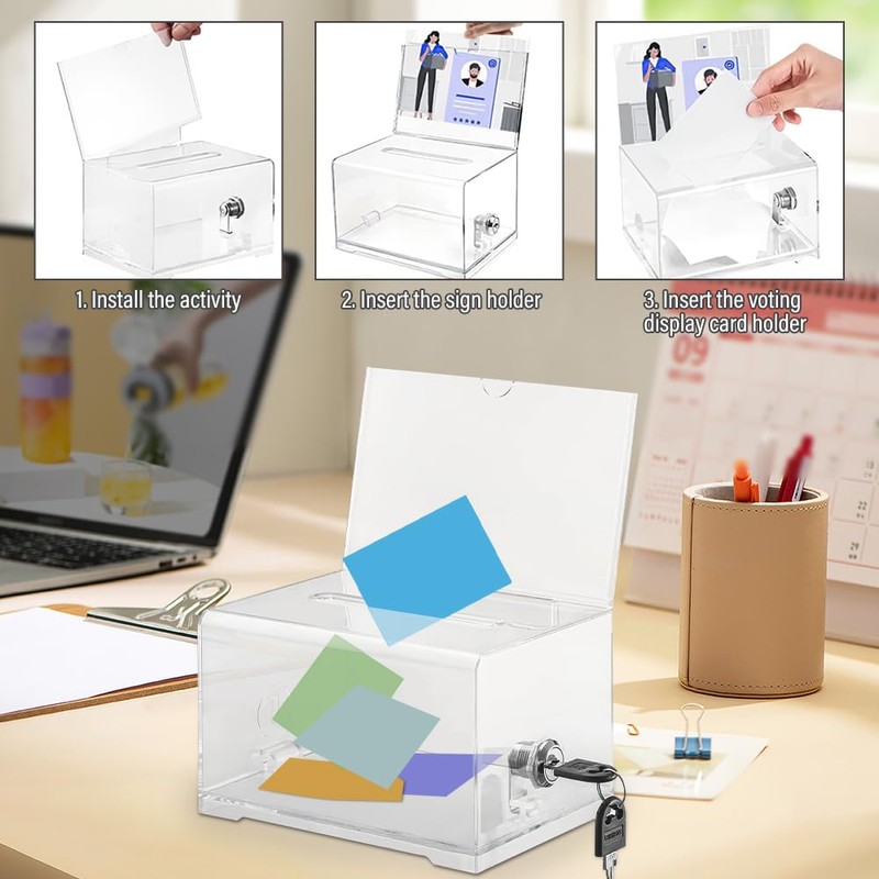 LUFEIS Lockable Acrylic Donation Box, Donation Box, Transparent Ballot Box,