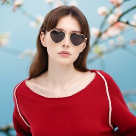 RUNHUIS Polarised Heart Shape Sunglasses Women Men Hippie Glasses Vintage Love Sunglasses for Festival Party Gold Metal Frame with UV400, Gold/Grey