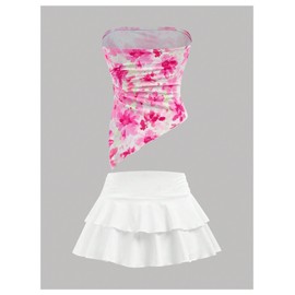 SHENHE Girl's Cute Summer Outfits 2 Piece Asymmetrical Floral Tube Layered Ruffle Skirt Set Pink 12Y