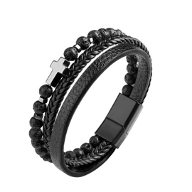 Dochais Men's Bracelet, Stainless Steel Genuine Leather Bracelet, Jesus Christ Crucifix Cross Bracelet, Natural Stone Braided Bracelet with Magnetic Clasp, Jewellery Gifts for Men, Leather