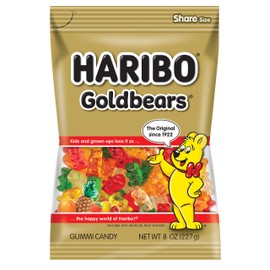 HARIBO Gummi Candy, Original Goldbears Gummy Bears, 8 Ounce Share Size Bags (Pack of 10) Delicious Soft & Chewy Sweet Snacks, Assorted Fruity Flavors