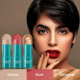 RoseFlower 3pcs Face Contour Stick Makeup Set, Highlighter Stick Blush Stick Cream Contour Kit with Brush, Contouring Stick for Fair Skin, Concealer Makeup Stick Gift for Beginner Teen Girls Women