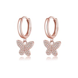 SLUYNZ 925 Sterling Silver CZ Buffterfly Hoop Earrings for Women Teens Sparkling Butterfly Hoop Earrings Huggie Drop (C-Rose Gold)