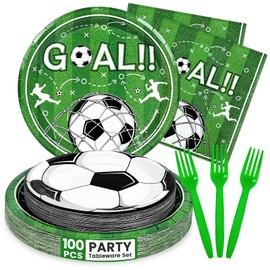 100 Pcs Soccer Paper Plates and Napkins Disposable for Party, 25-9"&25-7"