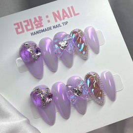 Purple Glass Bead Handmade Nail Tips - Stiletto / 보랏빛 유리알 수제네일팁 - 스텔레토