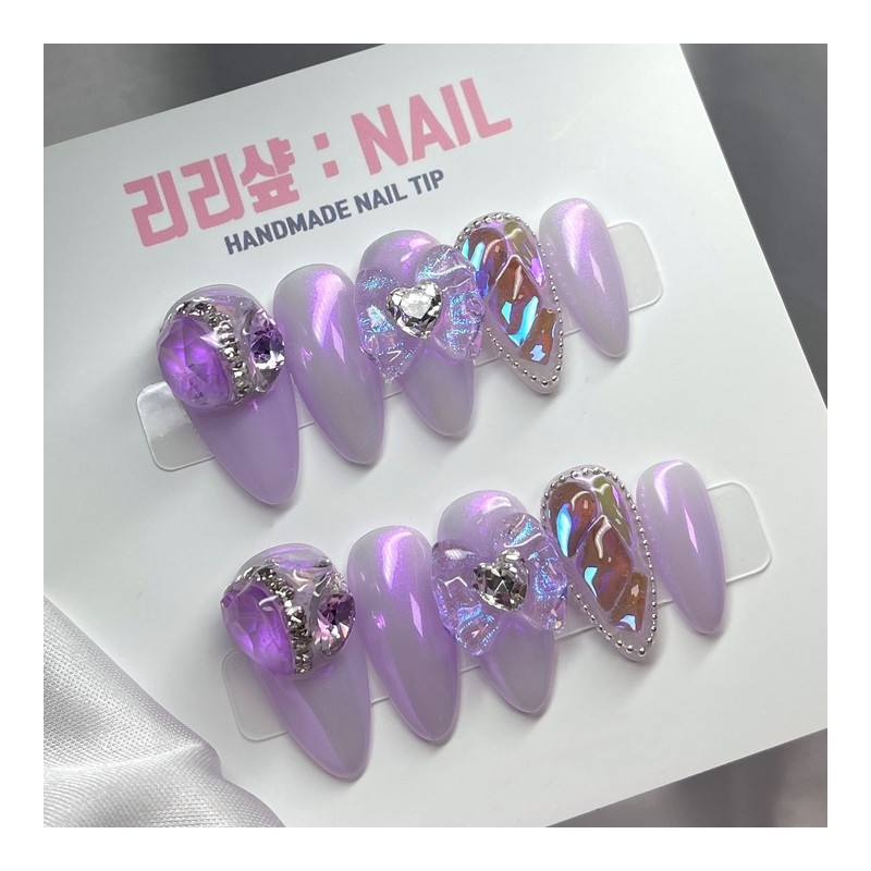 Purple Glass Bead Handmade Nail Tips - Stiletto / 보랏빛