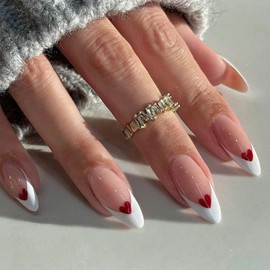 Kabwea Press On Nails 24 Pieces White French Artificial Fingernails Set With Gel Glue Sticker And Nail File, Valentine Press on Nails