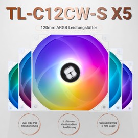 Thermalright TL-C12CW-S X5 CPU Air Fan 120 mm ARGB Case Cooling Fan, PWM Silent Computer Fan with S-FDB Bearing, Fan with up to 1550 RPM Speed, PC Fan, 5 Fan Pack