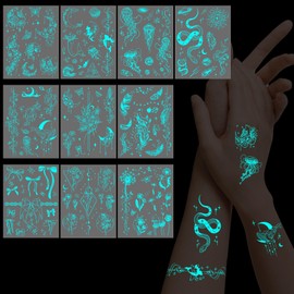 Konsait 10 Sheets Glow in the Dark Temporary Tattoos for Women Girls Glow Face Tattoos Kids Snake Butterfly Flower Tattoo Luminous Body Make Up Fake Tattoo