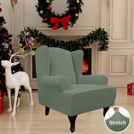 Easy-Going Stretch Wingback Chair Sofa Slipcover 1-Piece Sofa Cover Furniture Protector Couch Soft with Elastic Bottom, Spandex Jacquard Fabric Small Checks(Large,Greyish Green)