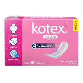 Kotex regular Sin Alas, Toalla Femenina, Paquete 60 Toallas, Ideal para Flujo Abundante