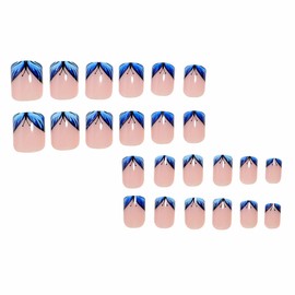 MERVF Square Press on Nails Short Fake Nails Press ons Blue French Tip Glue on Nails with Butterfly Design Squoval Acrylic Nails 24pcs Glossy False Nails