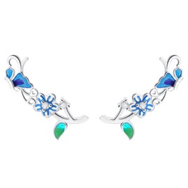 Rhodium on Sterling Silver CZ Flower Blue Enamel Butterfly Cuff Climber Crawler Earrings