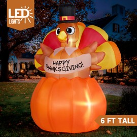 JOIEDOMI 6FT Thanksgiving Inflatables Turkey on Pumpkin Outdoor Decorations, Light Up Inflation Turkey Pumpkin with LED, Happy Thanksgiving Blow Ups for Outside Decorations Yard Garden Lawn Party