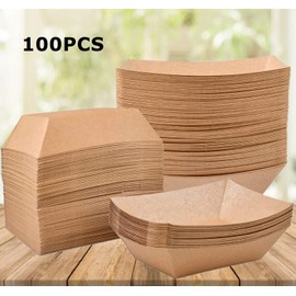Paper Food Boats, 100 PCS Disposable Brown Kraft Snack Trays, Salad Dressing Plates, Greaseproof Souffle Cups French Fries Taco Holder Party Serving Bowls for Birthday Wedding Picnic BBQ Parties