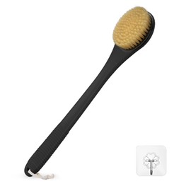Back Scrubber for Shower with Natural Boar Bristles, 17 Inch Long Handle Shower Body Brush, Exfoliating Bath Brush for Back, Legs & Hard-to-Reach Areas, Non-Slip Grip, Adhesive Hook (Black)