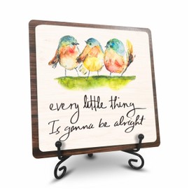 5" Wooden Sign Gift With Iron Stand-Every Little Thing Is Gonna Be Alright - Watercolor Adorable Birds, Positive Reminder,Office & Home motivational wood plaque, Desk Decor & Accessories- A08