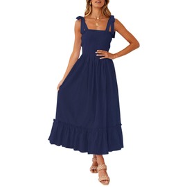 ZESICA Women's 2024 Summer Boho Spaghetti Strap Square Neck Solid Color Ruffle A Line Beach Long Maxi Dress,Navy,Medium