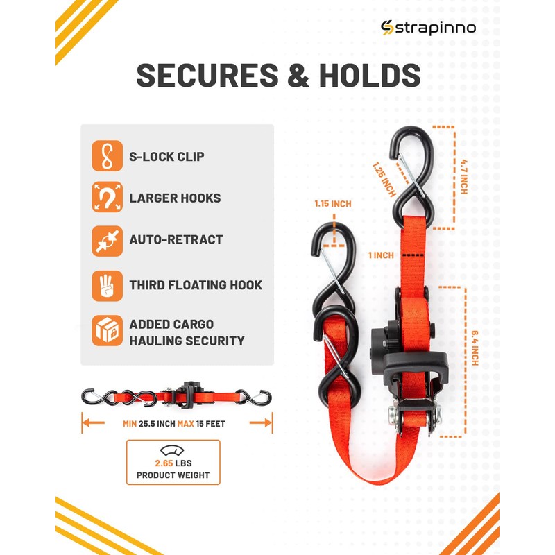 Strapinno Retractable Ratchet Straps - 1 in x 15 ft