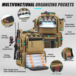 BISKLNDN Tactical Fishing Tackle Backpack with Rod Holders & 4 Tackle Boxes, Bottle Holder, 50L Large Durable Fishing Tackle Bag Store Gear and Equipment, 900 D Oxford, Brown
