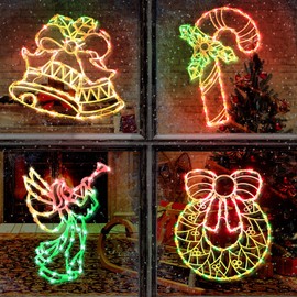 Christmas Window Silhouette Lights Decorations - Pack of 4 Sign Colour Lighted Wreath, Candy Cane, Bell, and Angel for Holiday Indoor Wall Door Glass Decor