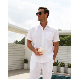 SIENDIU Men's Linen sets 2 Piece Outfits Beach Wedding Clothes Casual Button Down Shirts Yoga Pants Summer Matching Suit