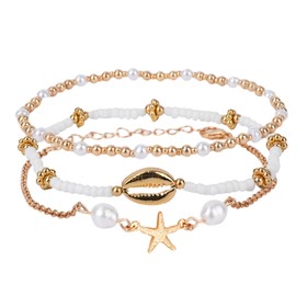 Mikovivi 3pcs Ankle Bracelets for Women, Adjustable Pearl Starfish Crab Claw Beaded Anklets for Women Boho Style Hawaiian Summer Beach Jewelry