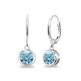 Crystal Light Blue Earrings for Women 6mm Round Bezel Sterling Silver Leverback Dangle Earring Summer Fashion Trendy Bridesmaids