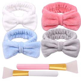 4 Pcs Bowknot Hair Band, Bow Spa Headband Makeup Hair Bandanas Hair Shower Headband Coral Fleece Soft Hair Bow Headband Facial Wash Headband Set Face Mask Brush Cute Headbands for Washing Face