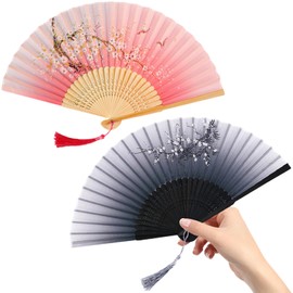 Embhlitfe Wedding Hand Fan Folding 2-Pack - Portable Vintage Silk & Bamboo Fan with Tassel for Party, Cosplay Gift (Pink and Black)