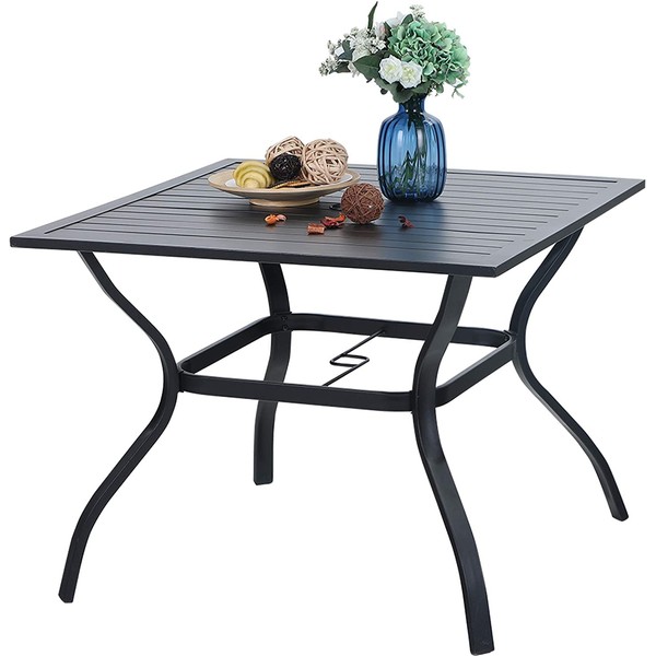 PHIVILLA 94cm Outdoor Dining Table Metal Steel Slat Patio with 4cm Umbrella Hole, Classic Black