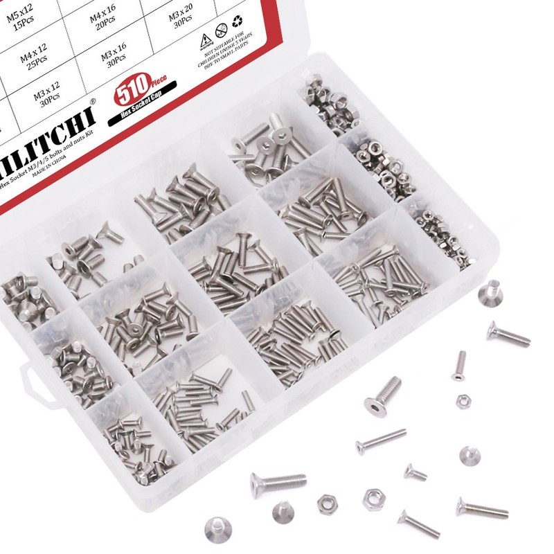 Hilitchi 510pcs M3 M4 M5 Stainless Steel Flat Head Hex