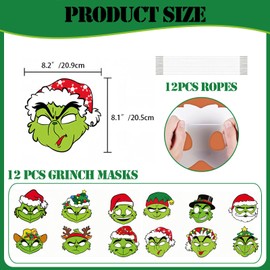 12pcs Kids Grinch Masks for Christmas Party Bag Fillers,Xmas Grinch Card Masks Costumes Toy Party Favors Children Masks Dress Up Cosplay Mask for Boys Girls Masquerade Chrstmas Party Decorations