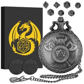 Mini DND Dice Set with Viking Helmet with Double Axes Pocket Watch Shell Case, DND Starter Set, 7pcs Polyhedral Mini Metal Dice Set, D&D Gifts with Gift Box, Role Playing Board Game Accessories,Silver