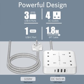 LENCENT Extension Lead with 4 Way Outlets, 3250W 13A Power Strip, 1.8M Braided Extension Cord, 1 USB-C and 3 USB Slots, Multi Power Plug Extension for Home and Office, White