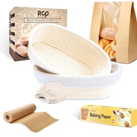 RCP Banneton Bread Proofing Basket Set of 2 with 8 Accessories - 9 Inch Round & 10 Inch Oval, Sourdough Starter Kit, Sourdough Bread Baking Supplies, Bread Lame, Dough Whisk, Scrapers Baking Gifts - Style: Oval