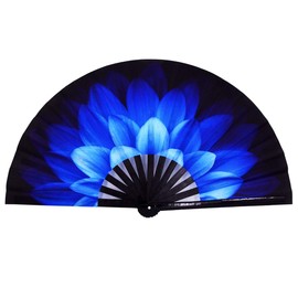 Amajiji Large Folding Fan, Rave Festival Accessories for Men/Women, Chinease/Japanese Bamboo Hand Fan, Performance Decoration Gift Dance Handheld Fan (Blue Flowers)
