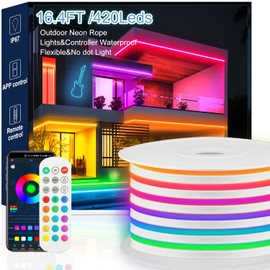 C D H Neon Rope Lights,RGB 16.4ft Outdoor LED Neon Strip Lights Waterproof，APP Control Remote Music Dimmable,84LED/m Neon Rope Lights for Outside,Neon Lights Pool Deck Yards Eave Indoor Outdoor Décor
